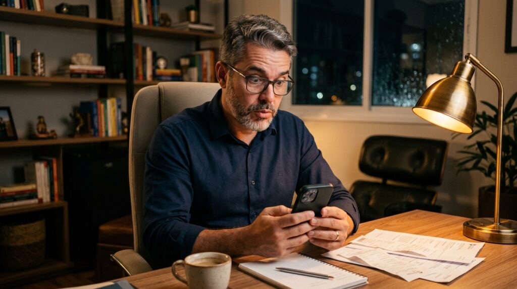 Empresario olhando o extrato bancario no celular e vendo o desconto de imposto de renda sobre a distribuicao de lucros